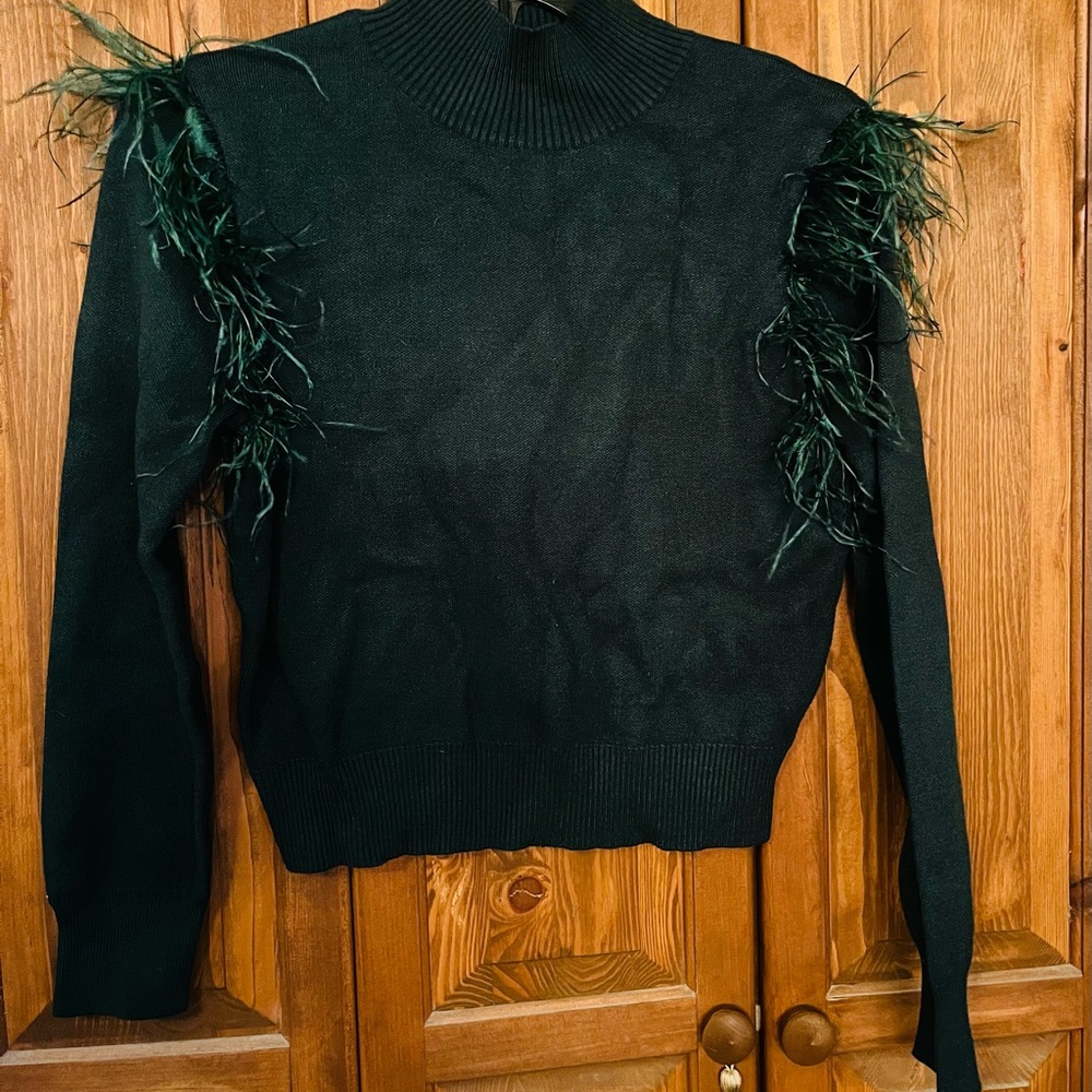 Elegant Dark Green Feather-Trimmed Turtleneck Sweater